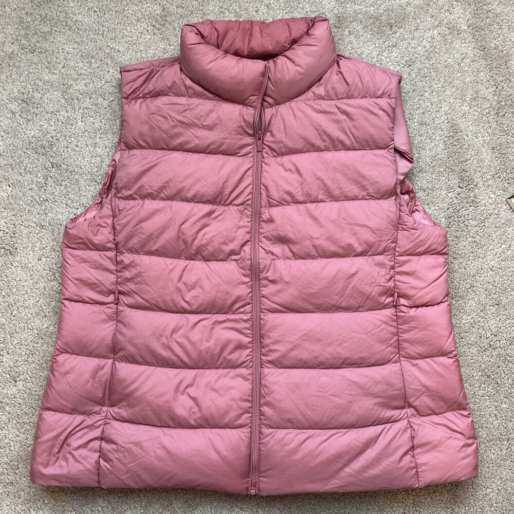 Uniqlo Down Puffer Vest Womens Medium Pink Ultra Light Zip Packable Bag Layer